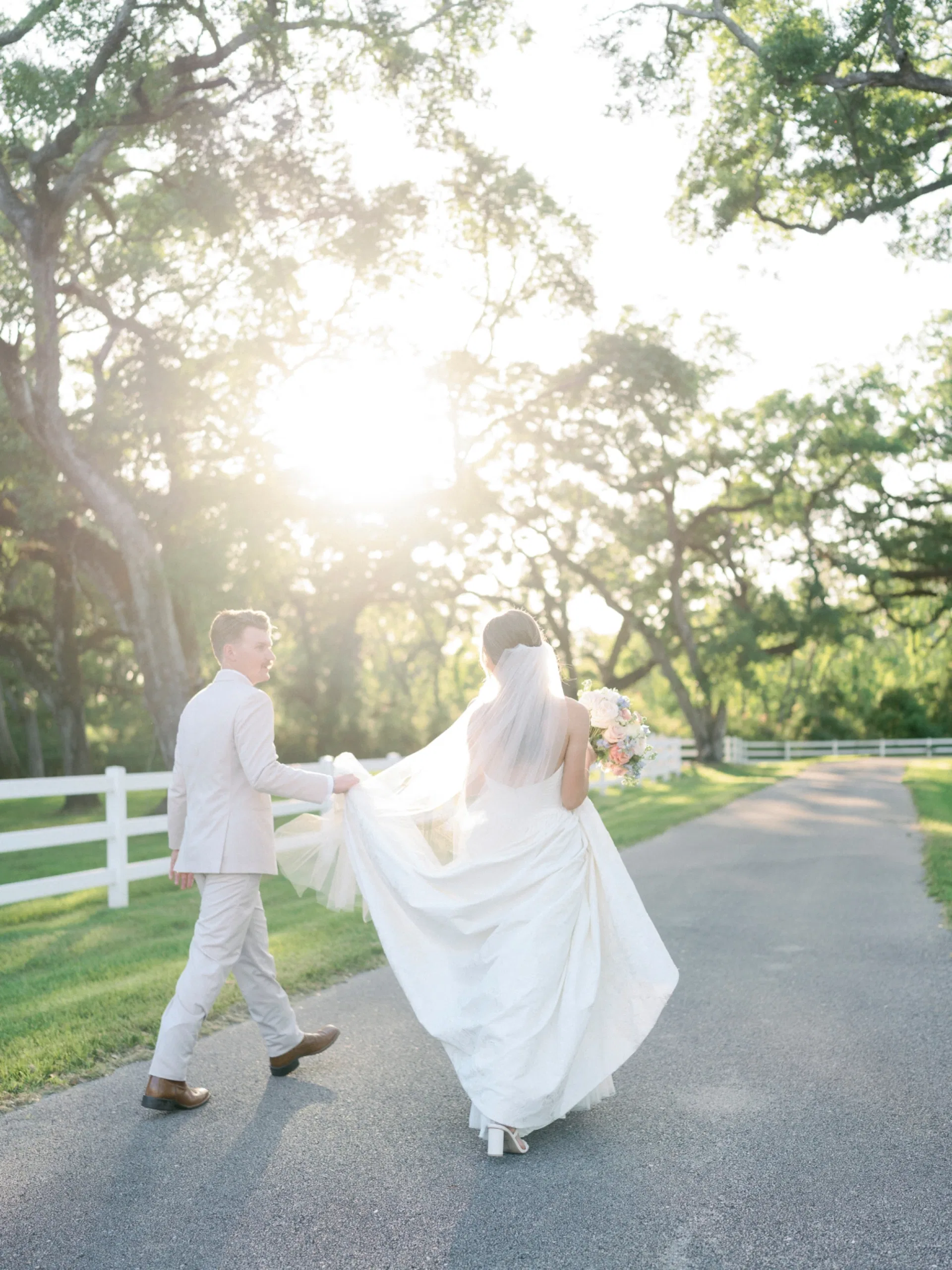 Groom carrying the bride's flowing train down a sun-drenched tree-lined ranch drive